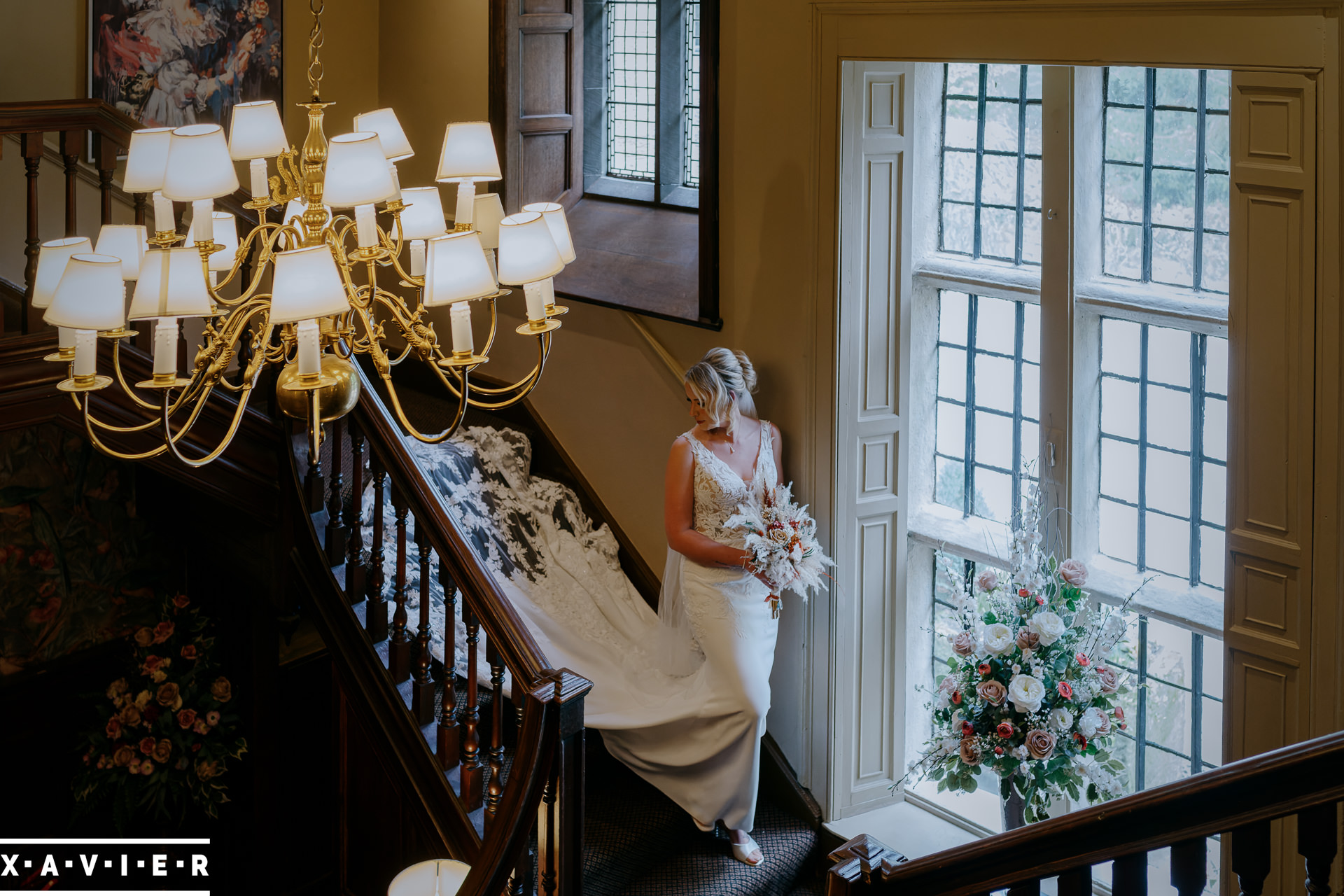 bride walks down the stairs