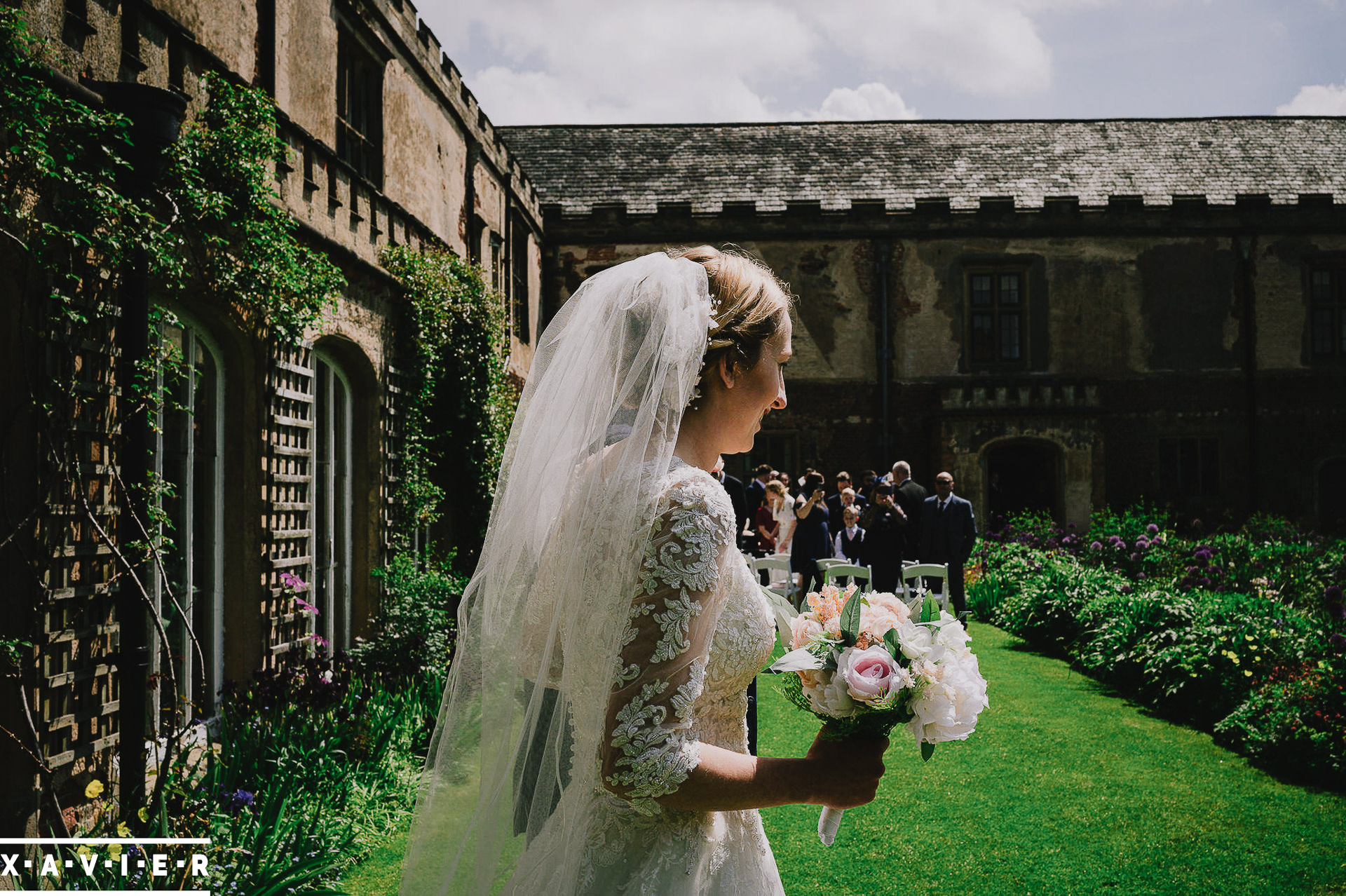 bride walks out into the courtyard