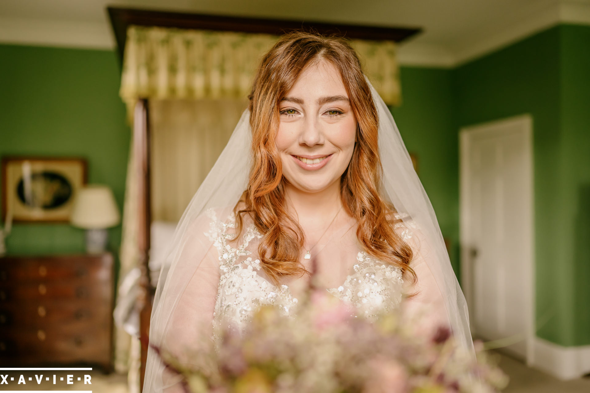 bride holds her flowers in the getting ready room