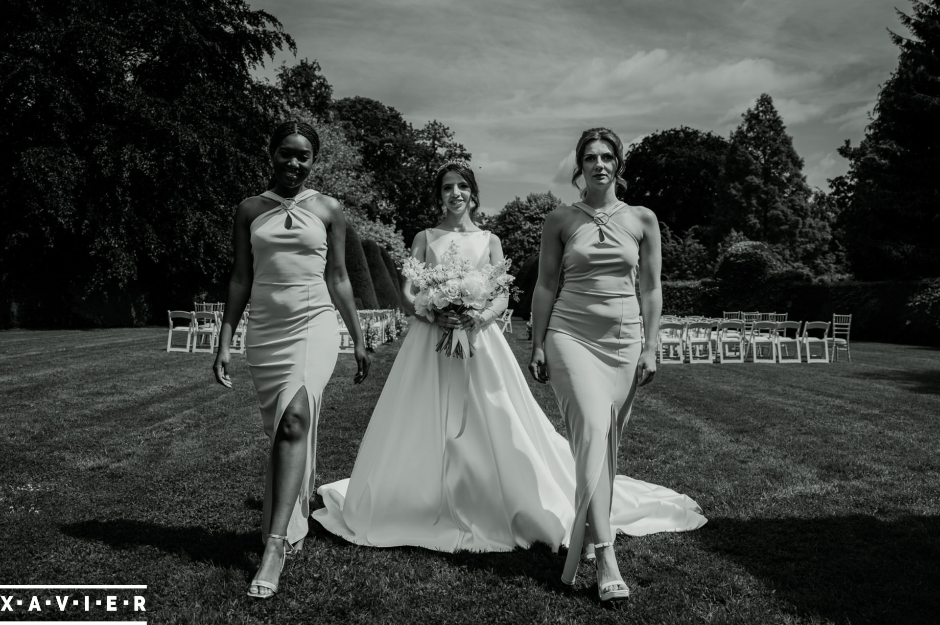 Bride walking with bridesmaids